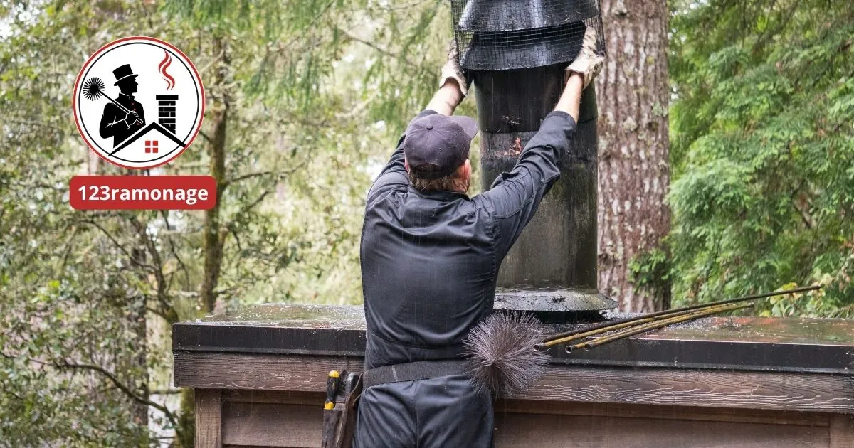 Artisan ramoneur installant un chapeau de cheminée sur un conduit extérieur