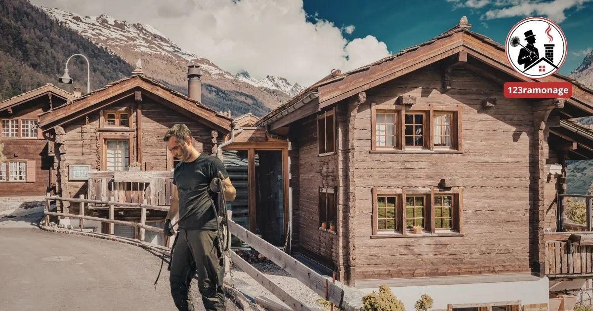 Ramoneur portant son matériel devant des chalets en bois, sommets enneigés en arrière-plan