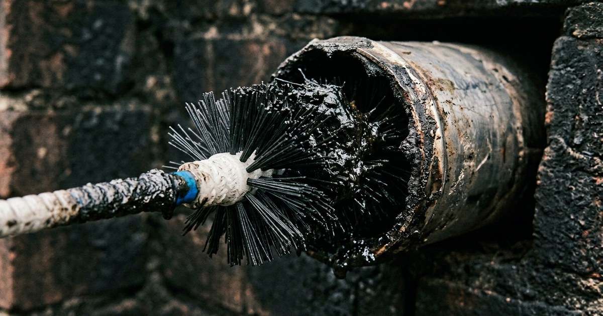 Brosse hérisson de ramonage couverte de suie après nettoyage d'un conduit