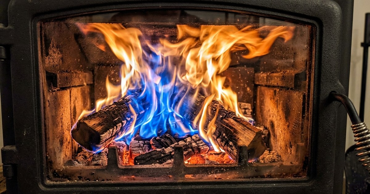 Bûches en pleine combustion derrière la vitre propre d'un poêle à bois