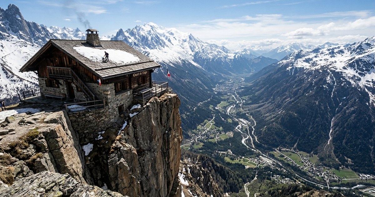 Ramoneur sur le toit d'un chalet perché au-dessus d'une falaise, près de Chamonix