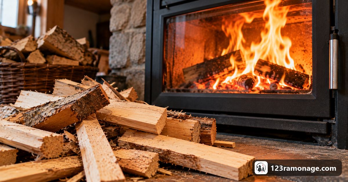Chutes de résineux sec devant un poêle à bois en pleine flambée