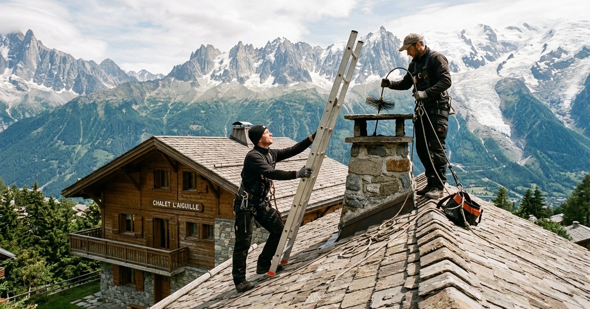 Deux ramoneurs sur le toit d'un chalet de montagne, hérisson à la main au-dessus de la souche de cheminée