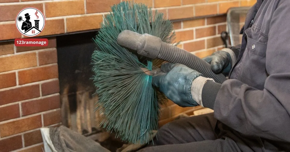Entretien annuel d'une cheminée avec brosse hérisson de couleur verte