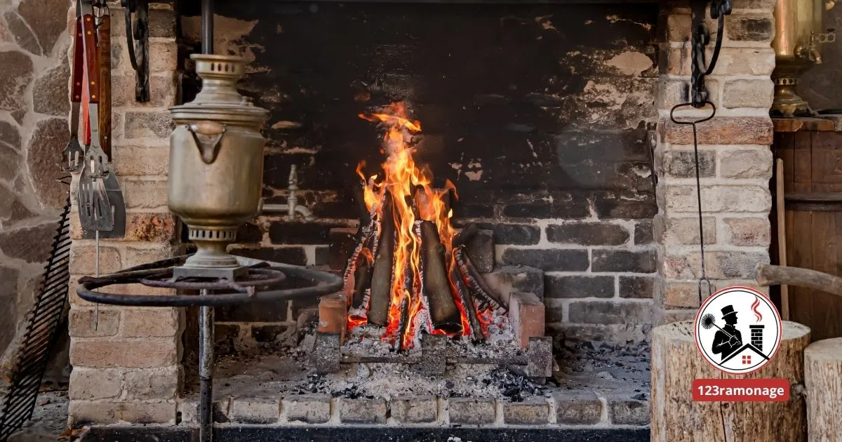 Feu de bûches en pleine flambée dans une cheminée traditionnelle en pierre