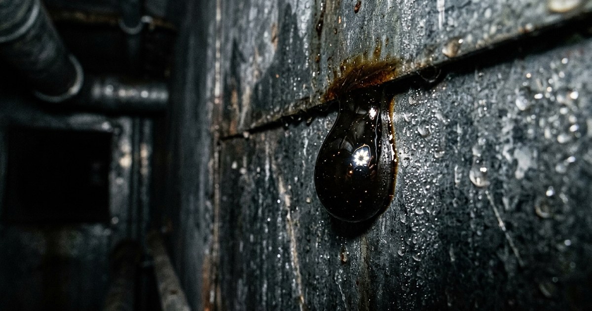 Goutte de bistre suintant sur la paroi noircie d'un conduit métallique