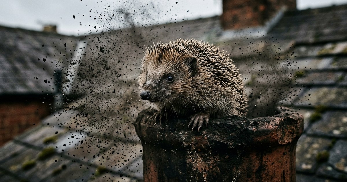 Hérisson (l'animal) perché sur un mitron de cheminée dans une projection de suie