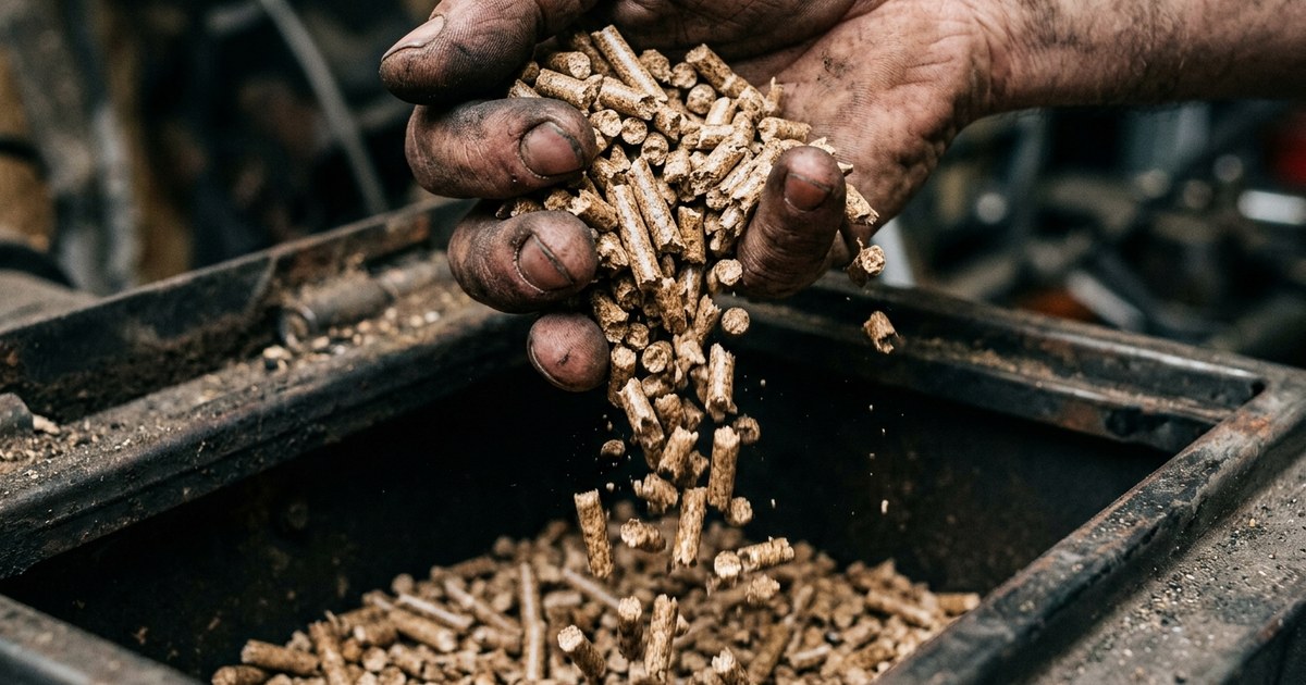 Mains versant des granulés de bois dans le réservoir d'un poêle
