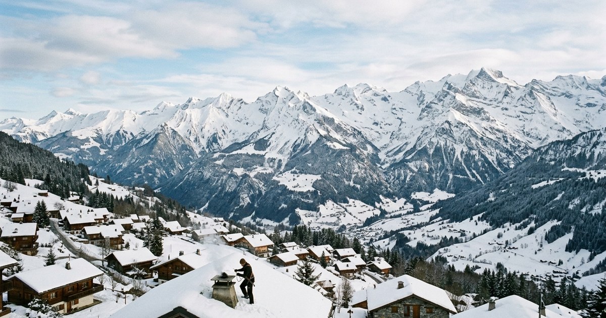 Ramoneur au travail sur une souche de cheminée, toits enneigés d'un village de montagne