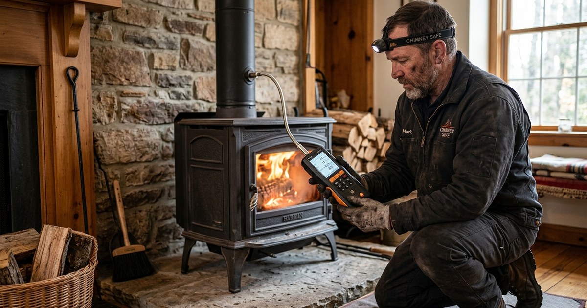 Professionnel agenouillé devant un poêle à bois en fonte à vitre, un analyseur de combustion à la main