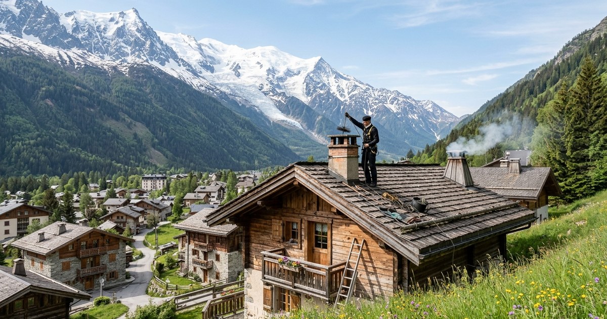 Ramoneur sur le toit d'un chalet de montagne, canne engagée dans le conduit de cheminée