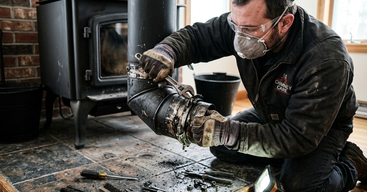 Ramoneur démontant le conduit de raccordement d'un poêle à bois, masque et gants de protection