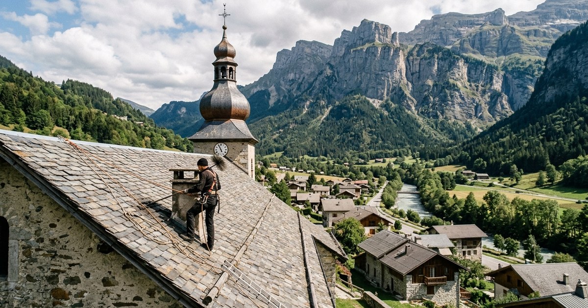 Ramoneur avec ses cannes sur un grand toit d'ardoises, clocher à bulbe et village de montagne en arrière-plan