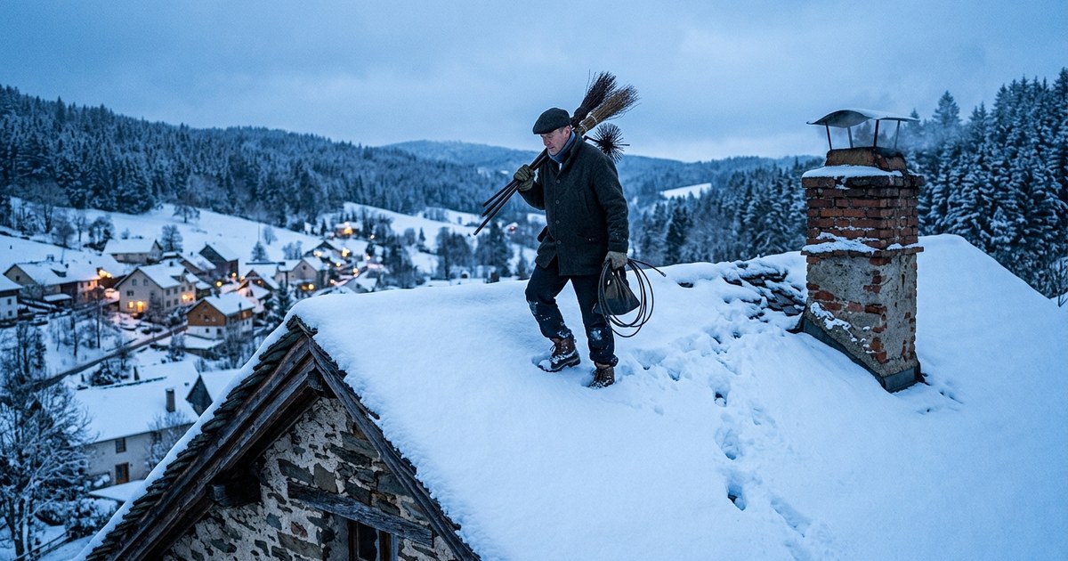 Ramoneur portant hérisson et cannes sur un toit enneigé, au-dessus d'un village de montagne en hiver