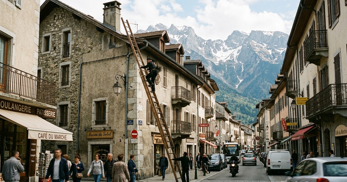 Ramoneur montant une échelle le long d'un immeuble en pierre pour intervenir sur les conduits