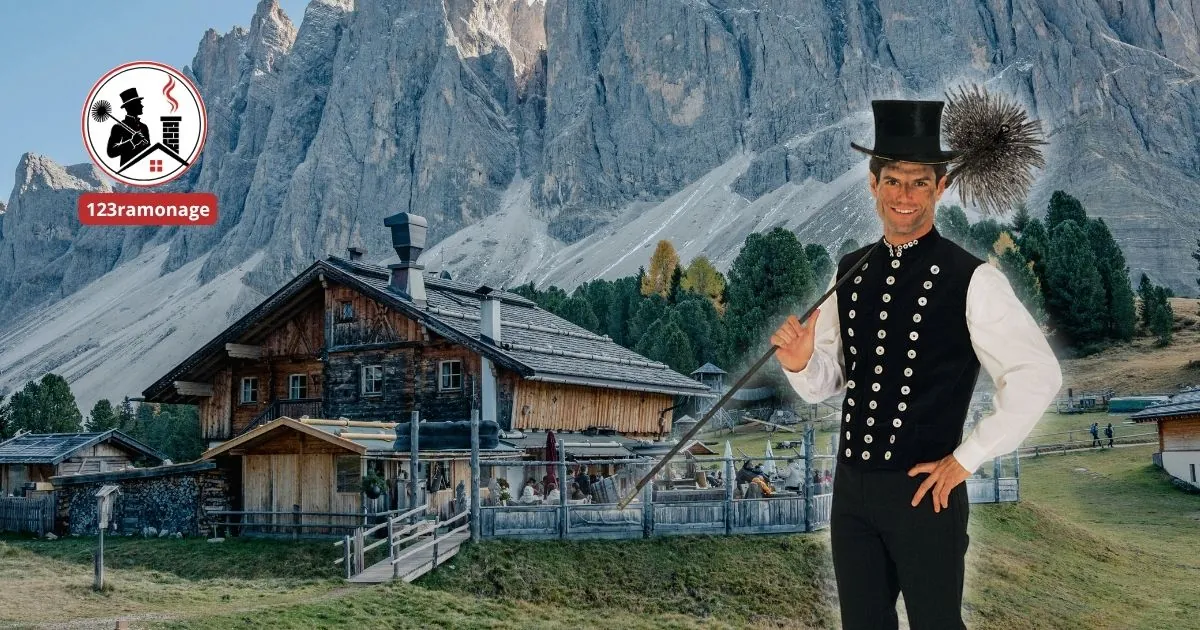 Ramoneur professionnel en tenue traditionnelle devant un chalet alpin