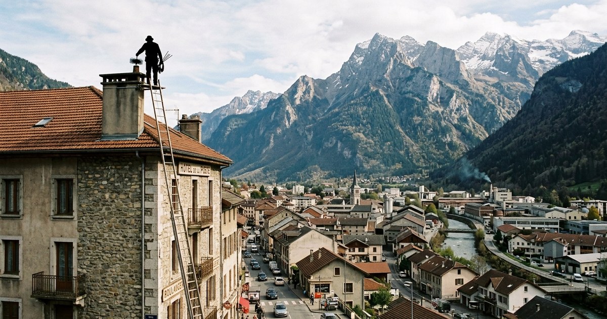 Ramoneur en silhouette debout sur une souche de cheminée, échelle appuyée contre le toit d'un hôtel dans une vallée alpine
