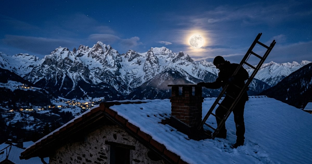 Ramoneur en silhouette sur un toit enneigé, échelle appuyée contre la cheminée, devant des sommets alpins au clair de lune