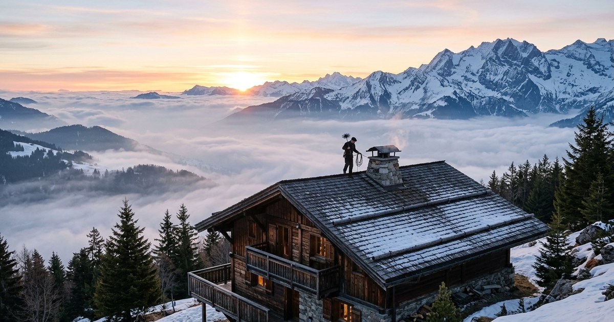 Ramoneur au travail sur le toit d'un chalet au lever du soleil, au-dessus d'une mer de nuages