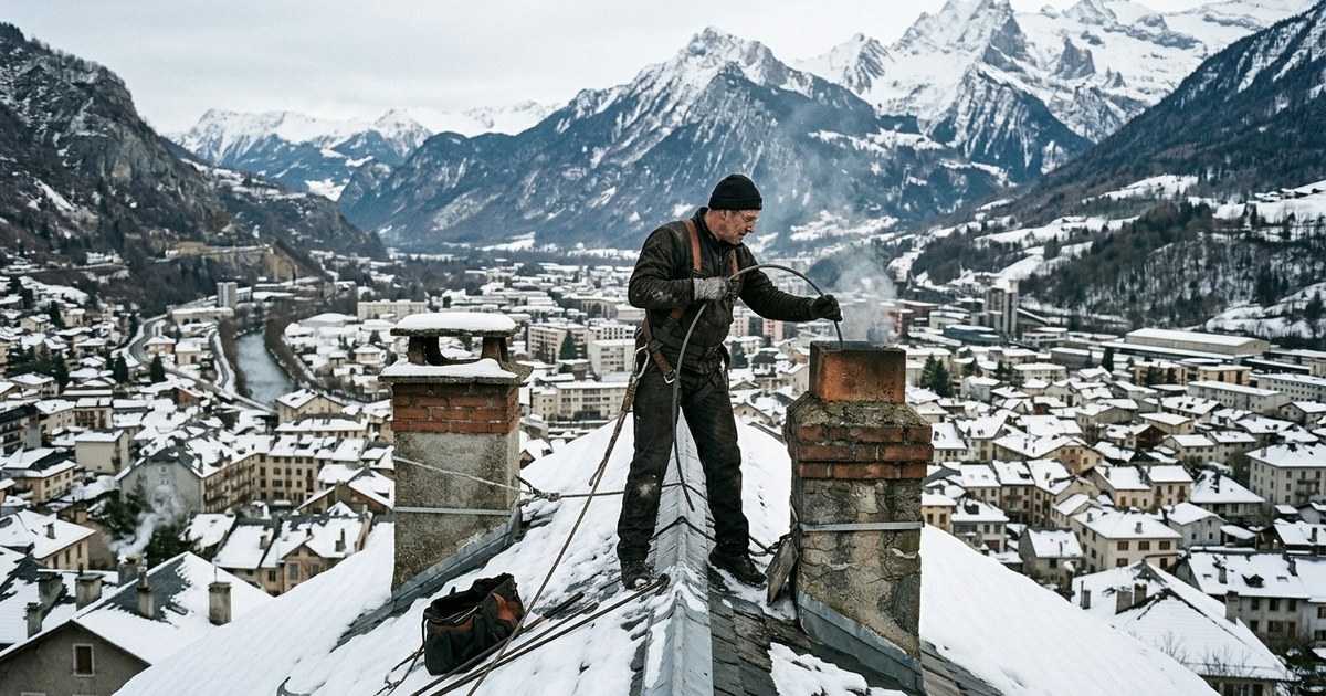 Ramoneur sur un toit enneigé nettoyant une cheminée à la canne flexible, au-dessus d'une vallée de montagne