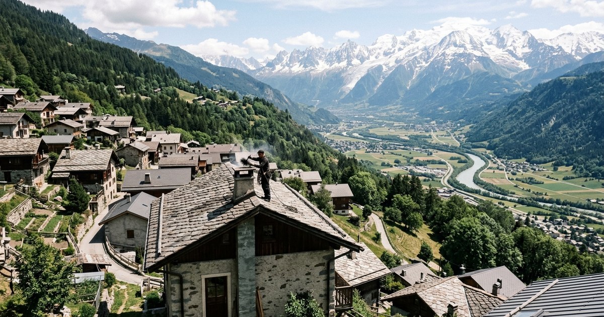 Ramoneur au travail sur un toit de lauzes dans un village de montagne, vallée alpine en arrière-plan