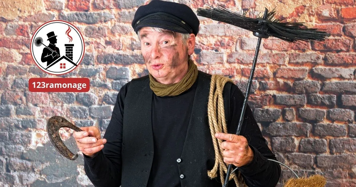 Ramoneur traditionnel en tenue de métier tenant un hérisson et une corde de ramonage
