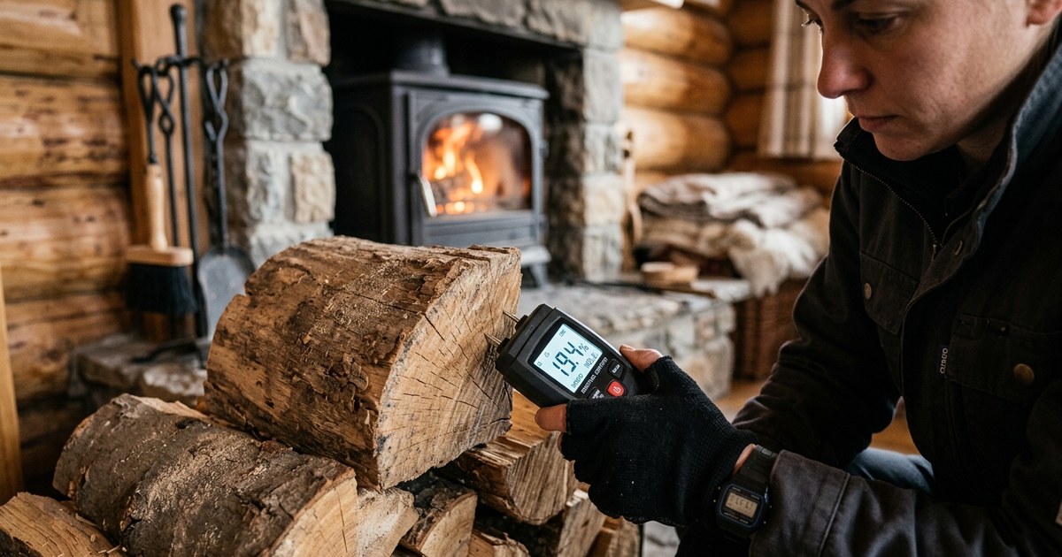 Mesure du taux d'humidité d'une bûche à l'humidimètre devant un poêle à bois allumé