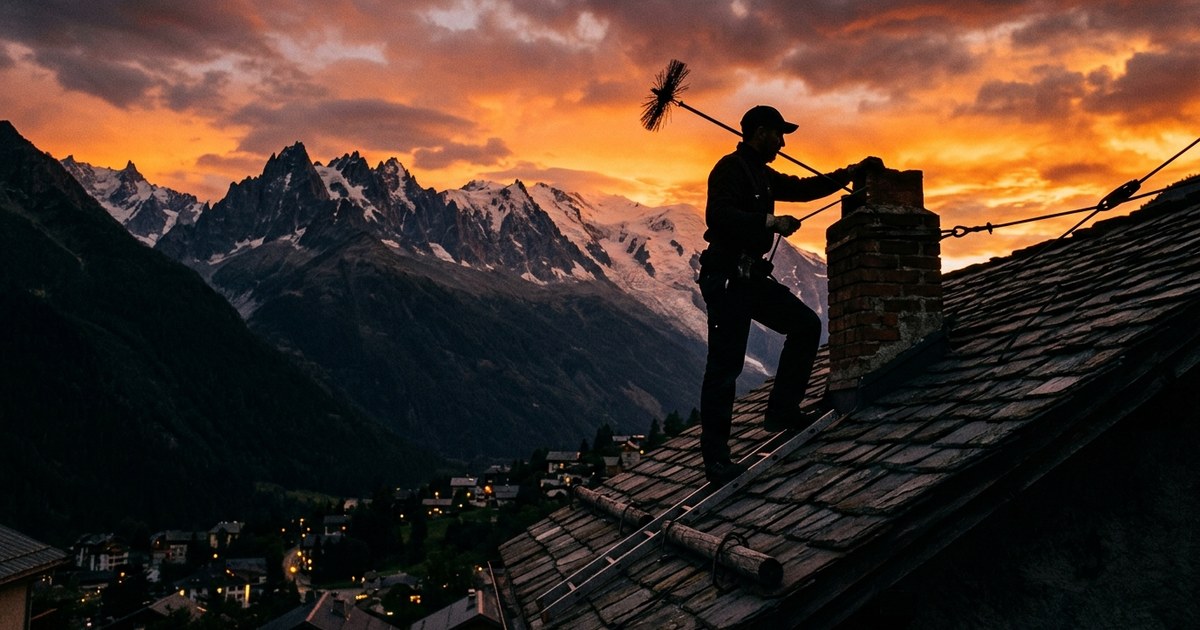 Ramoneur en silhouette sur un toit, canne et hérisson à la main, au coucher du soleil dans les Alpes