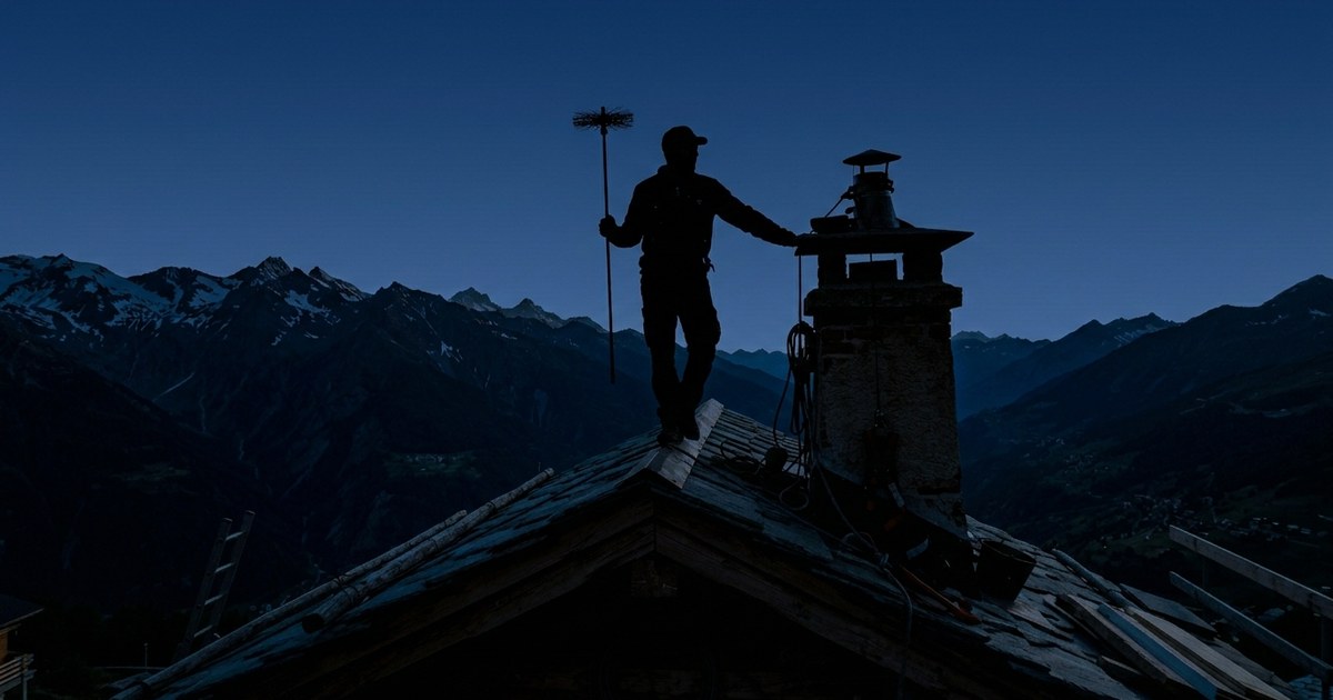 Silhouette d'un ramoneur sur un toit, hérisson à la main, devant un paysage de montagnes
