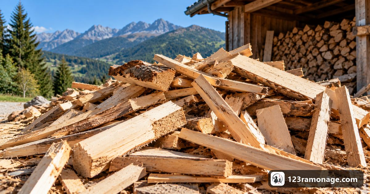 Tas de chutes de bois résineux sec au soleil, montagnes en arrière-plan