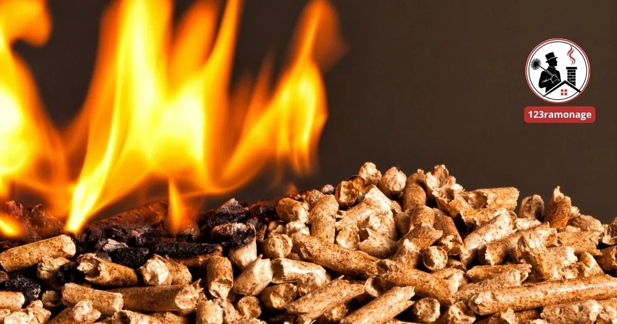 Granulés de bois en combustion, flammes vives et résidus carbonisés