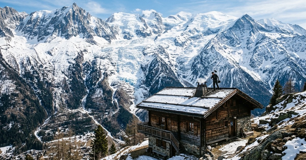 Ramoneur sur le toit d'un vieux chalet en bois, près de la cheminée, dans un panorama de montagnes enneigées
