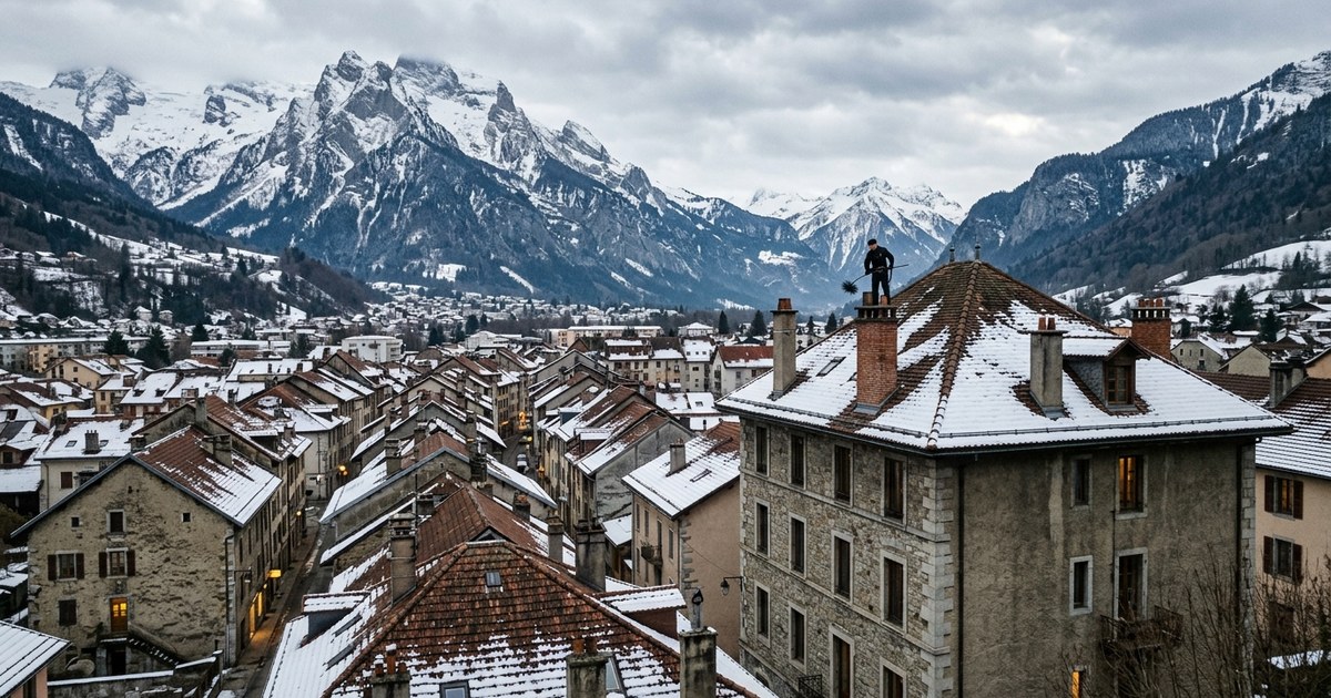 Ramoneur au sommet du toit d'un immeuble en pierre de plusieurs étages, dans un village de montagne enneigé